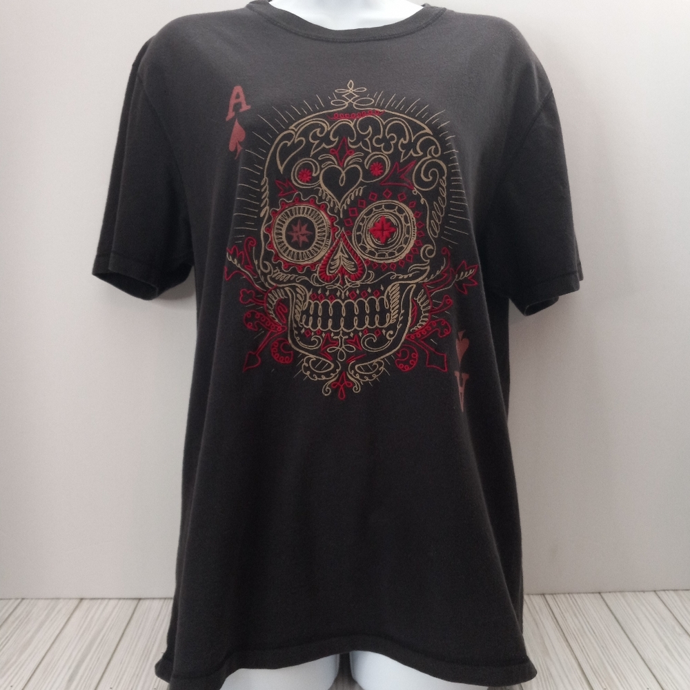 RARE Lucky Brand Vintage Inspired Ace Of Spades Embroidered Skull Tee